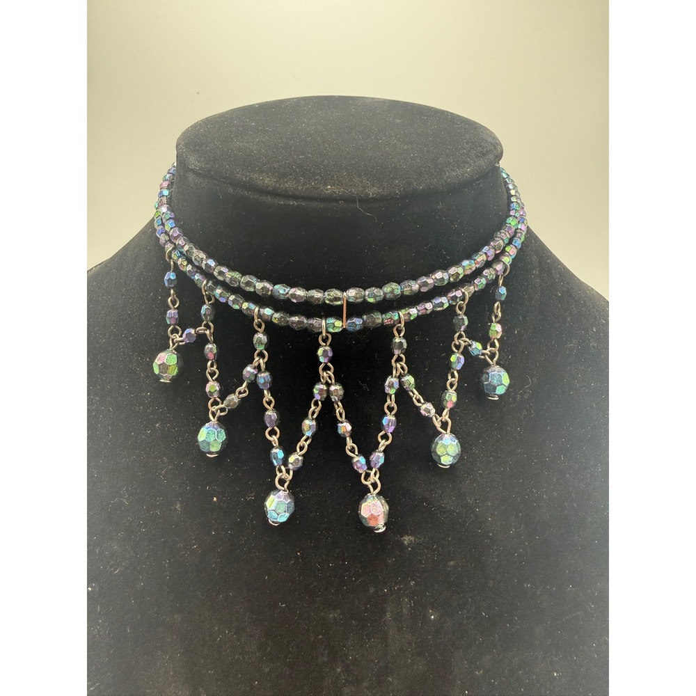 Vintage Iridescent AB Bead Memory Wire Choker Necklace Fringe Dangle Oil Slick